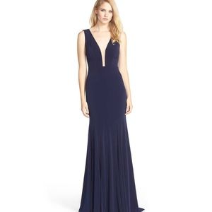 Navy Illusion Plunge Neckline Prom Dress